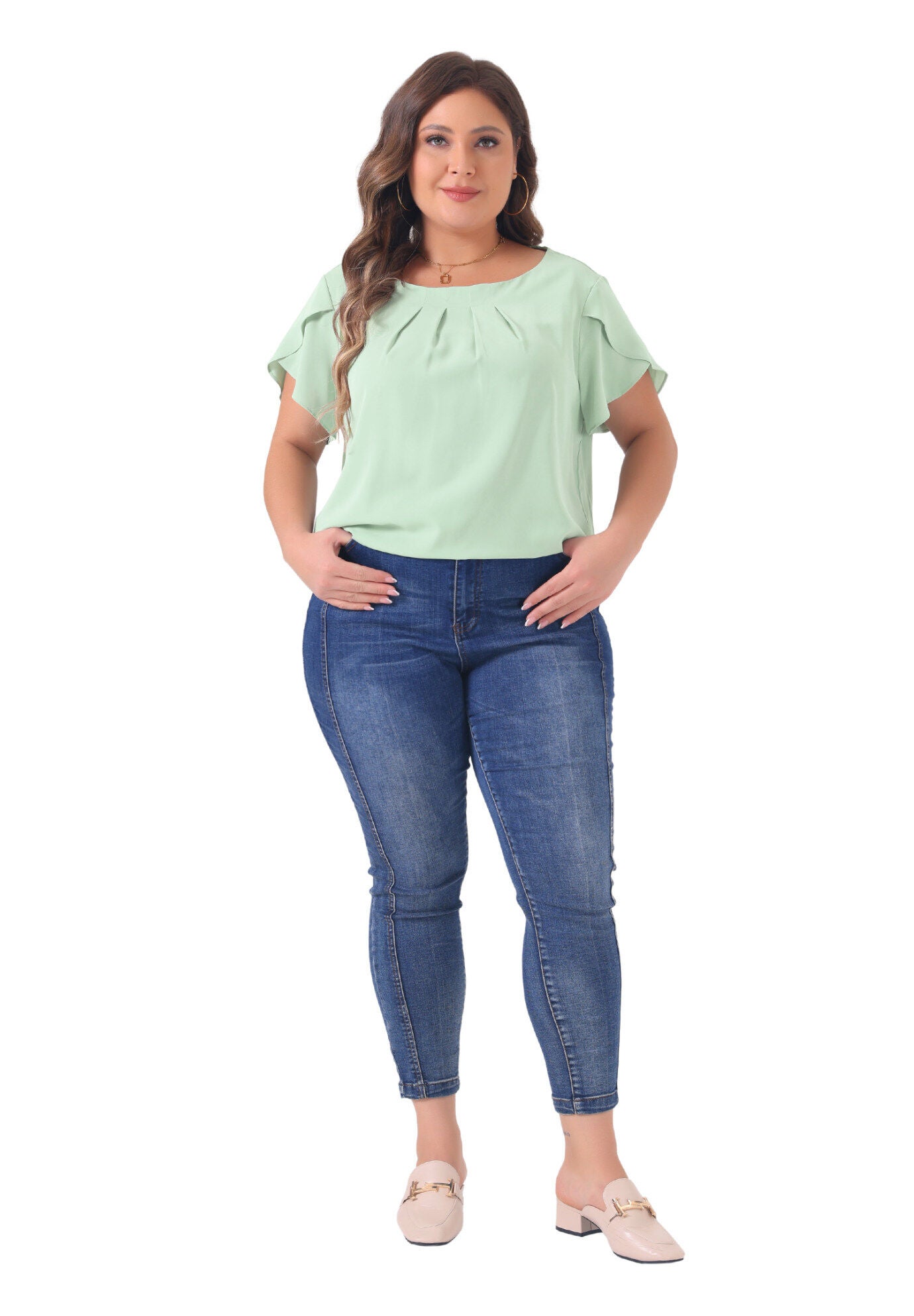 Round Neck Pleated Top Tulip Sleeves Blouse Top, Light Green / Light Green, hi-res image number 0