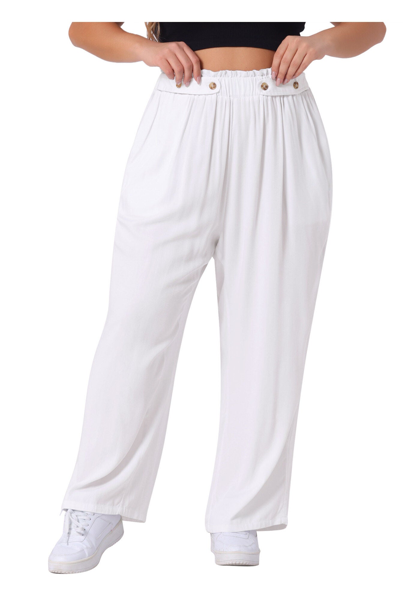 STRETCHY HIGH WAISTED WIDE LEG PALAZZO PANTS, White / White, alternate image number 1