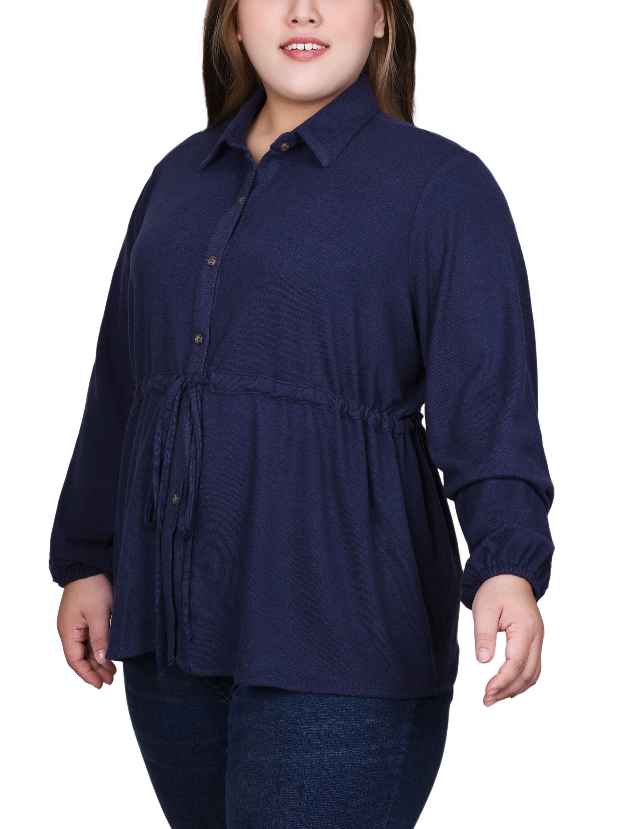 Long Dolman Sleeve Drawstring-Waist Tunic Top, Dark Denim, alternate image number 2