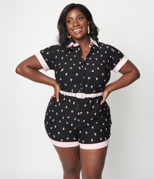 Unique Vintage Plus Size Black & Pink Broken Hearts Patsy Romper, Black Pink Broken Hearts / Black, alternate image number null