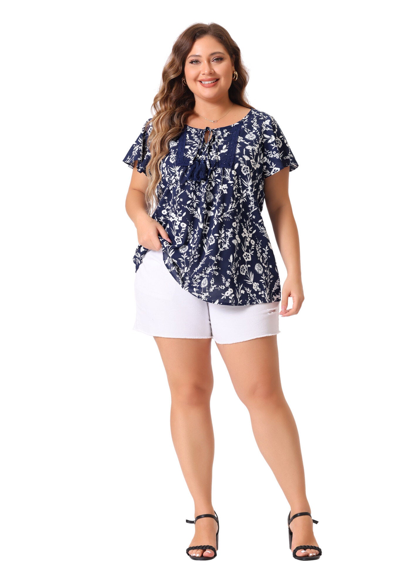 Short Sleeve Boho Top Floral Print Blouse, Navy Blue / Navy, hi-res image number 0