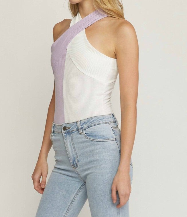 COLORBLOCK HALTER NECK BODYSUIT IN LAVENDER COMBO, Lavender Combo / Purple, alternate image number null
