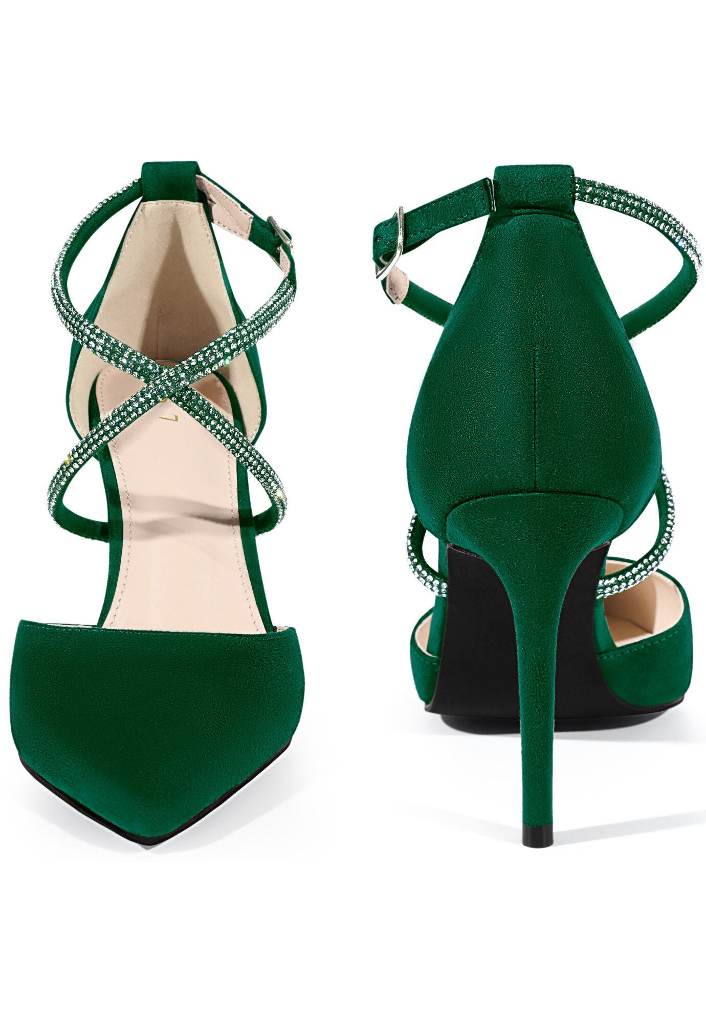 Pointed Toe Crisscross Rhinestone Stiletto Heel Pumps, Green / Hunter Green, alternate image number 1