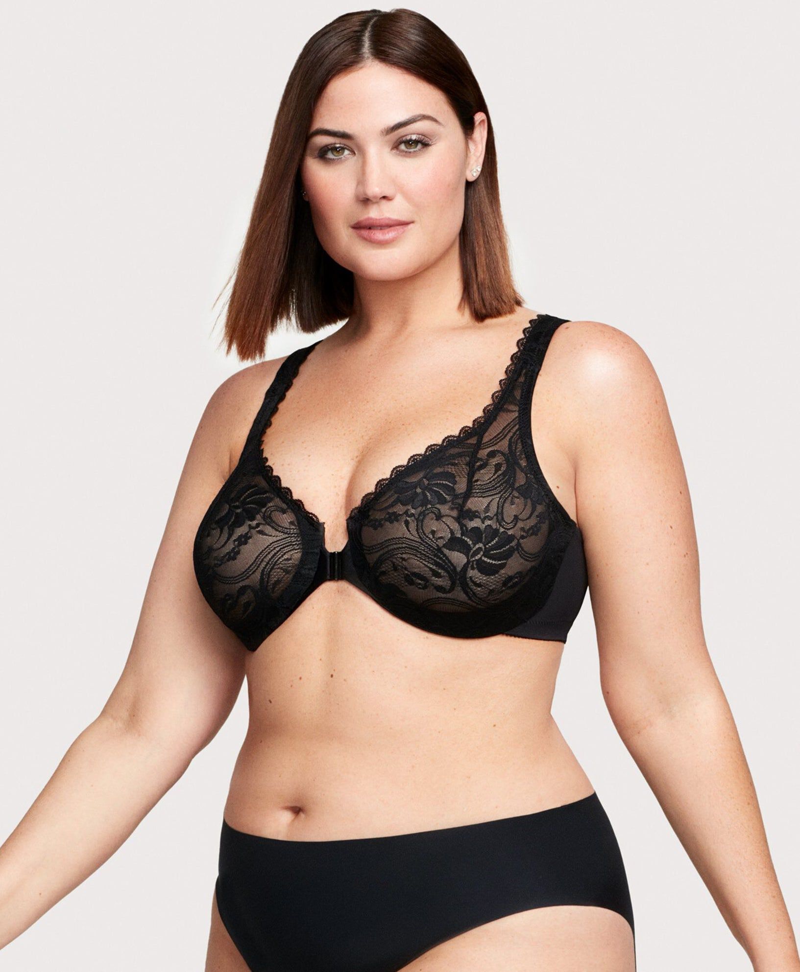 WonderWire Front-Closure Stretch Lace Bra, Black / Black, hi-res image number 0