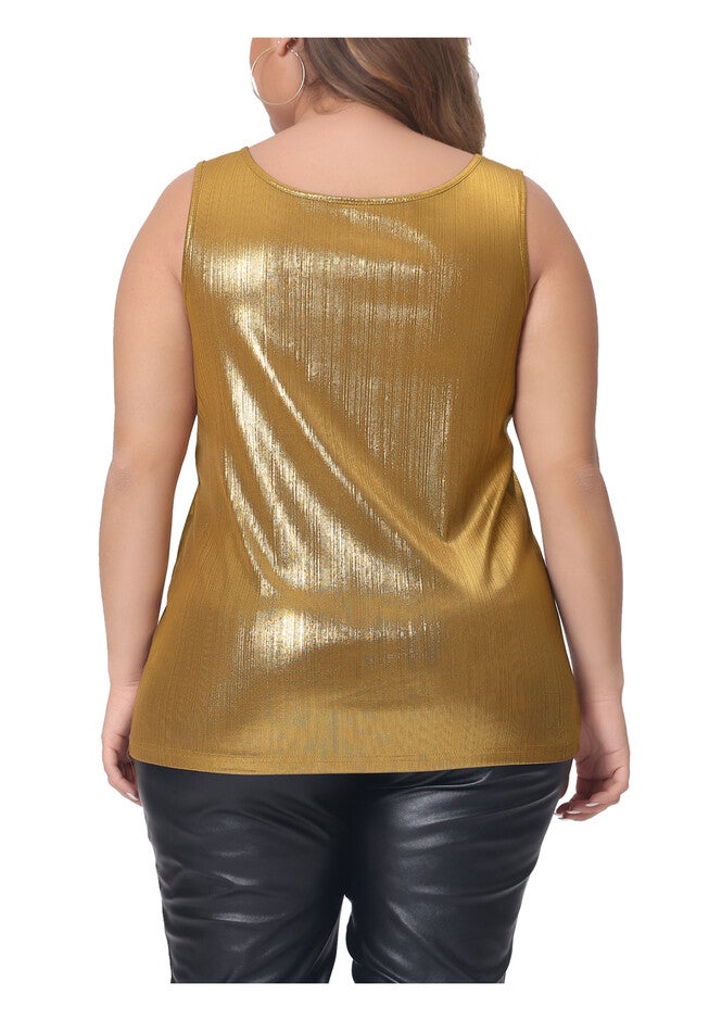 Crew Neck Sleeveless Holographic Shiny Metallic Tank Top, Gold / Gold, alternate image number 1