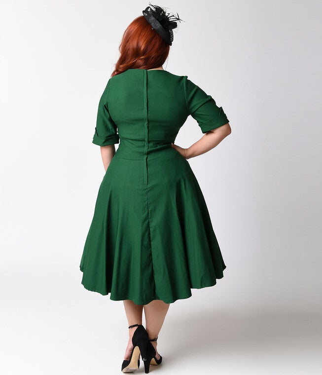 Unique Vintage Emerald Green Delores Swing Dress with Sleeves, , alternate image number 5