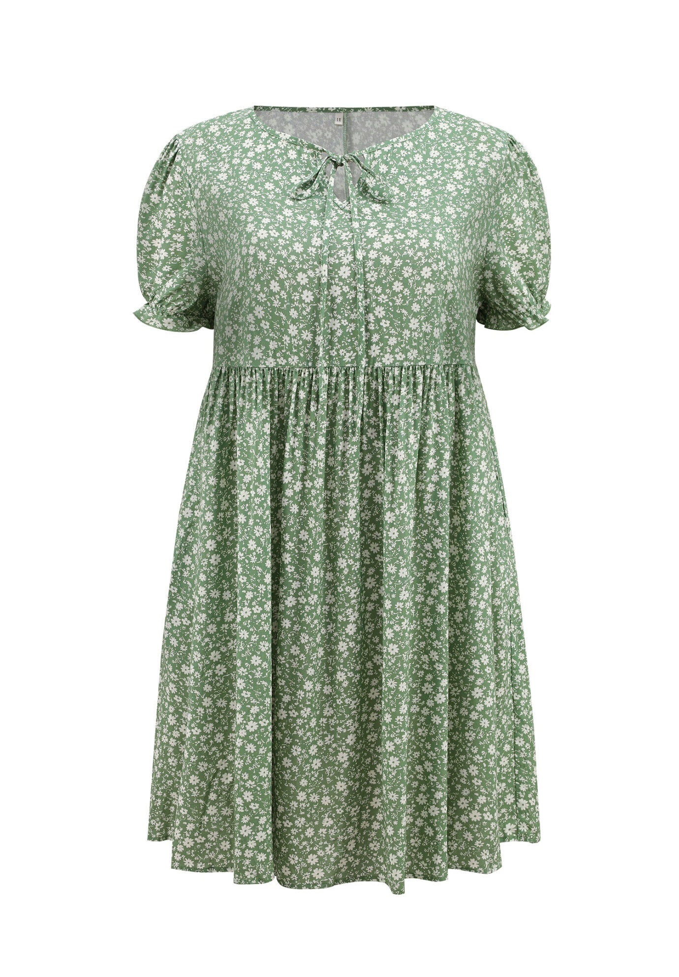 Floral Tie Neck Puff Sleeves Above Knee A-Line Dress with Pockets, Light Green / Light Green, alternate image number 3