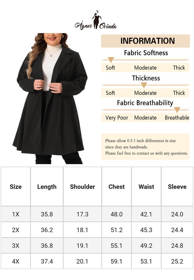 Notch Lapel Double Breasted A Line Peacoat Trench Coat, Black / Black, alternate image number 4