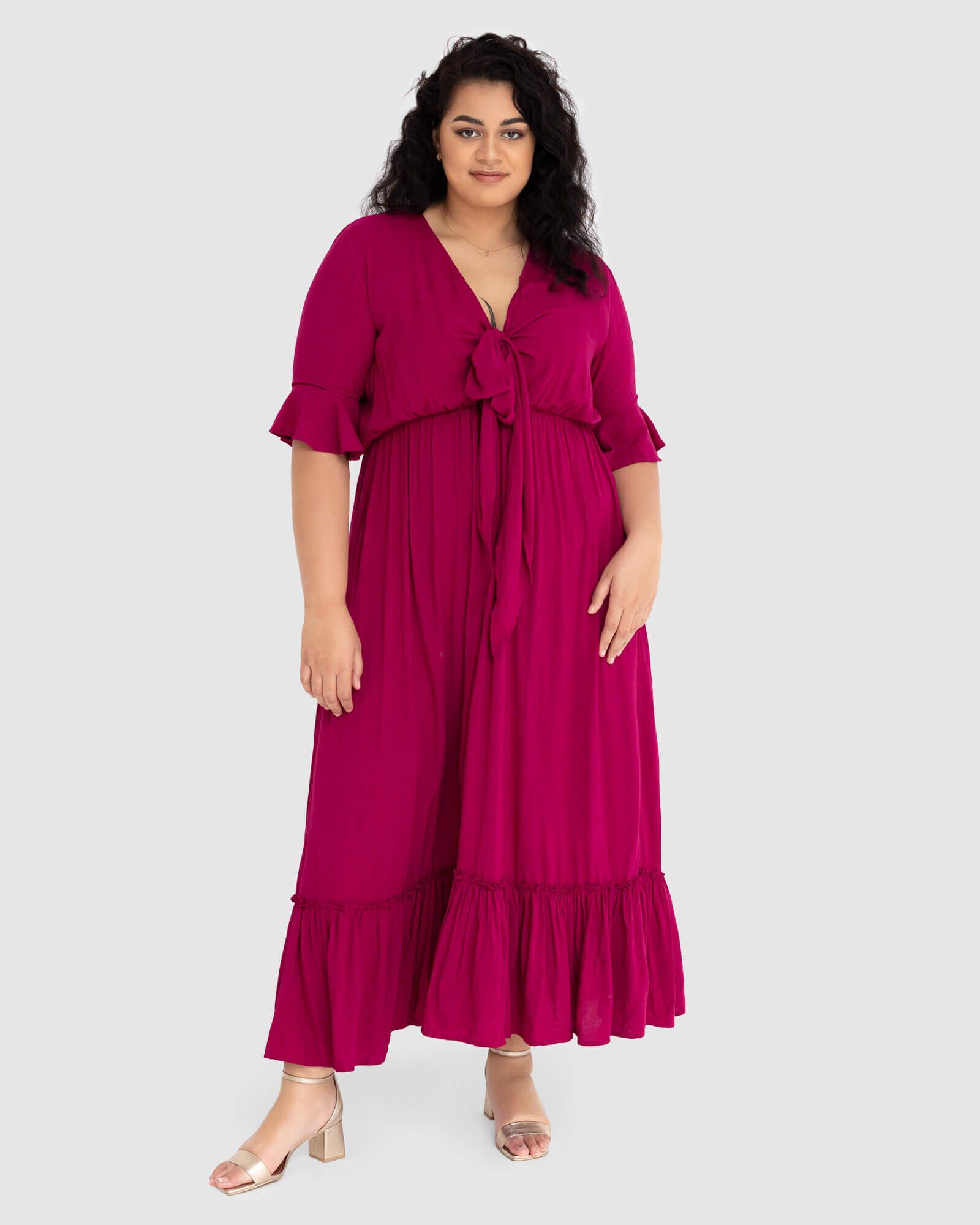 Nicole Tie Front Maxi Dress, French Plum / Deep Fuchsia, hi-res image number 0