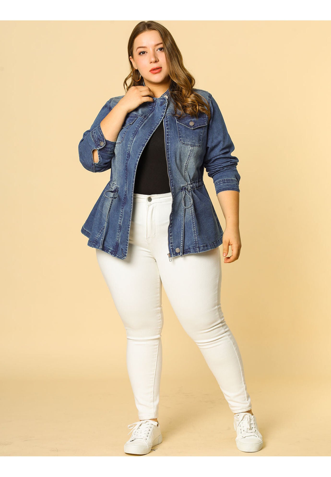 STRETCH STAND COLLAR ZIP DRAWSTRING DENIM JACKET, Dark Blue / Navy, hi-res image number 0