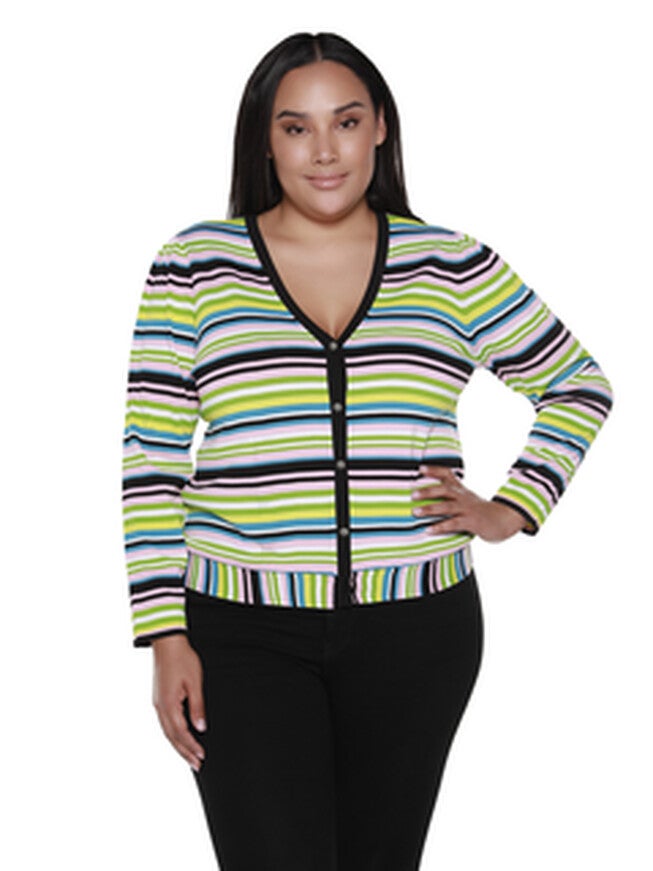 Molly Striped Button Up Cardigan, Multi Stripe / Light Green, hi-res image number null