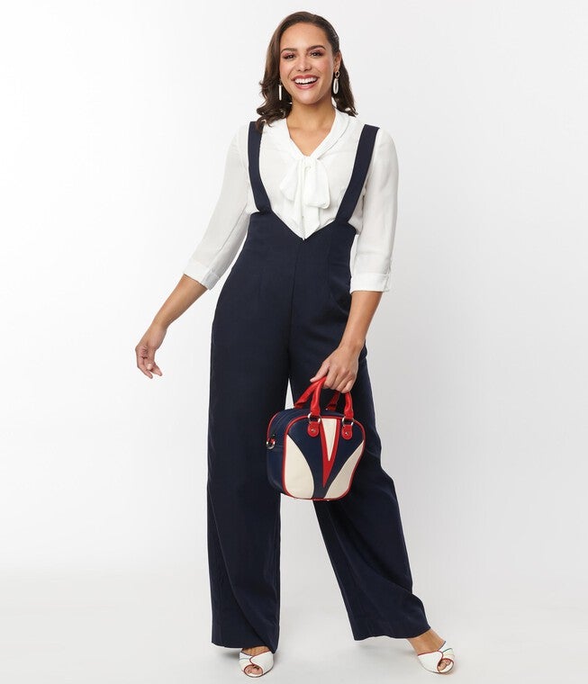 Unique Vintage Navy Wide Leg Suspender Pants, Blue / Navy, alternate image number 1