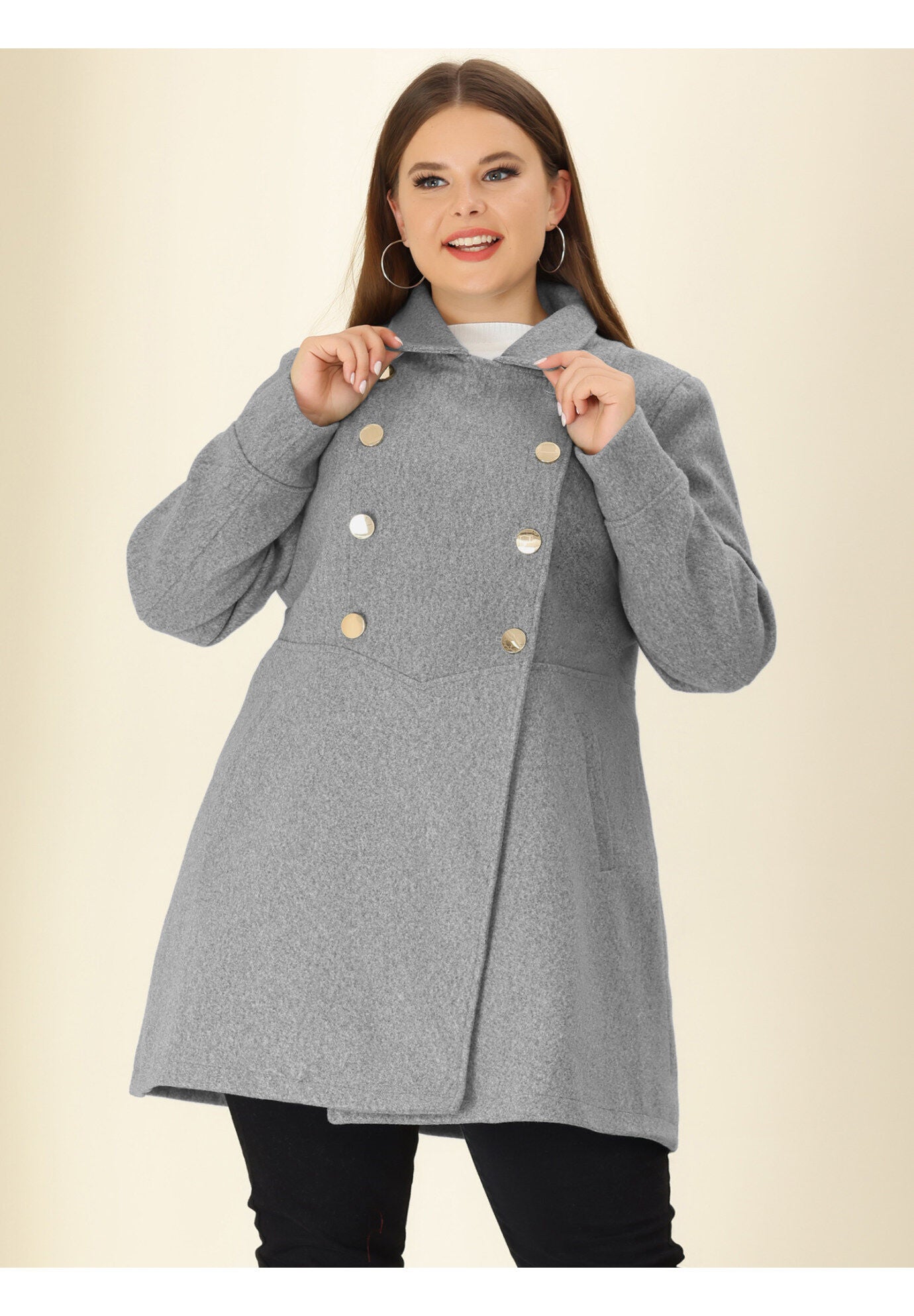A-Line Peter Pan Collar Double Breasted Peacoat, Grey / Light Grey, alternate image number 1