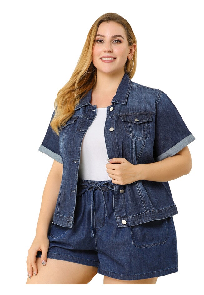BUTTON FRONT CROP JEAN SHORT SLEEVE DENIM JACKET, Navy Blue / Navy, alternate image number 2