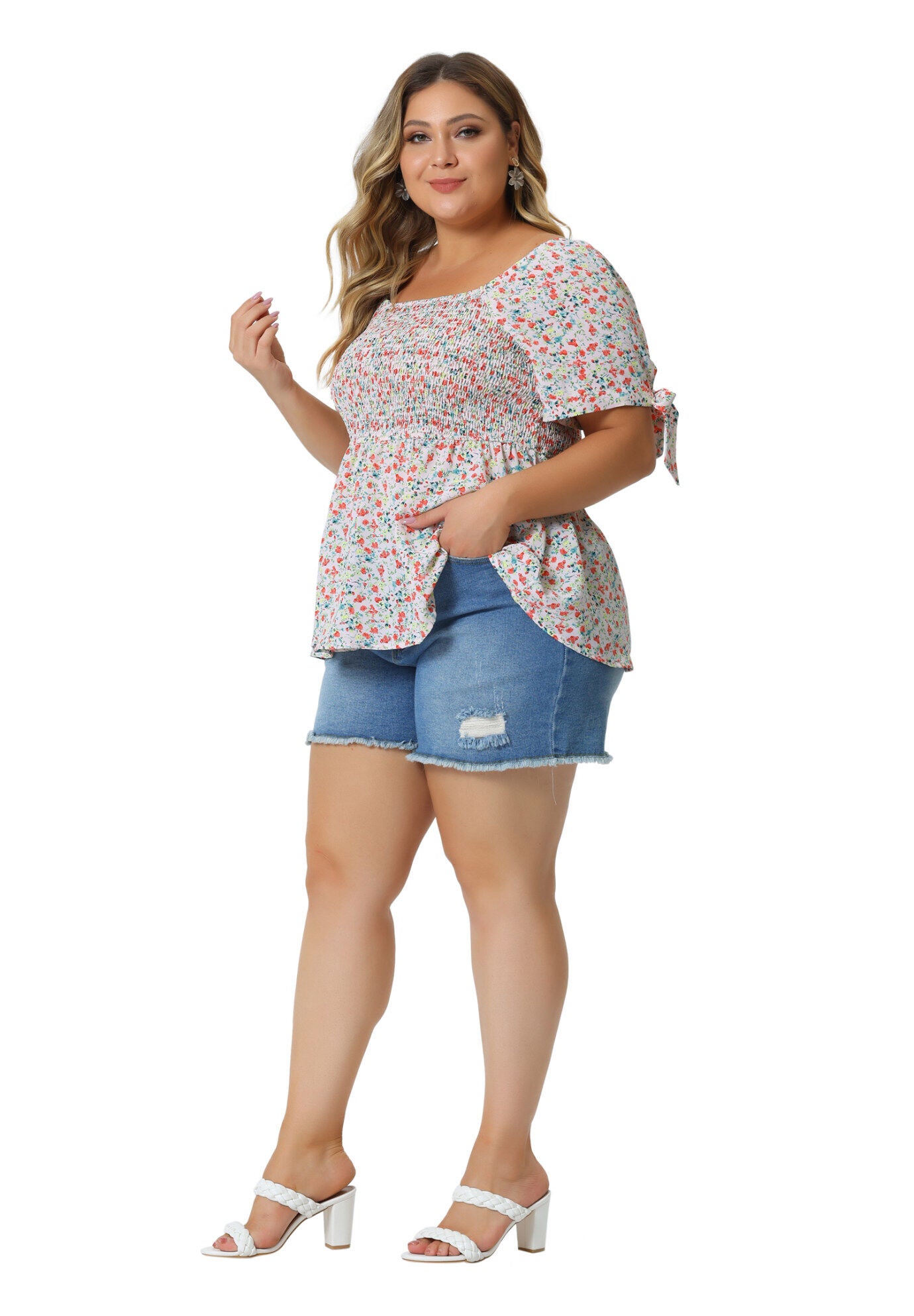 Summer Square Neck Smocked Bow Tie Short Sleeve Peplum Blouse, Pink / Pink, hi-res image number 0