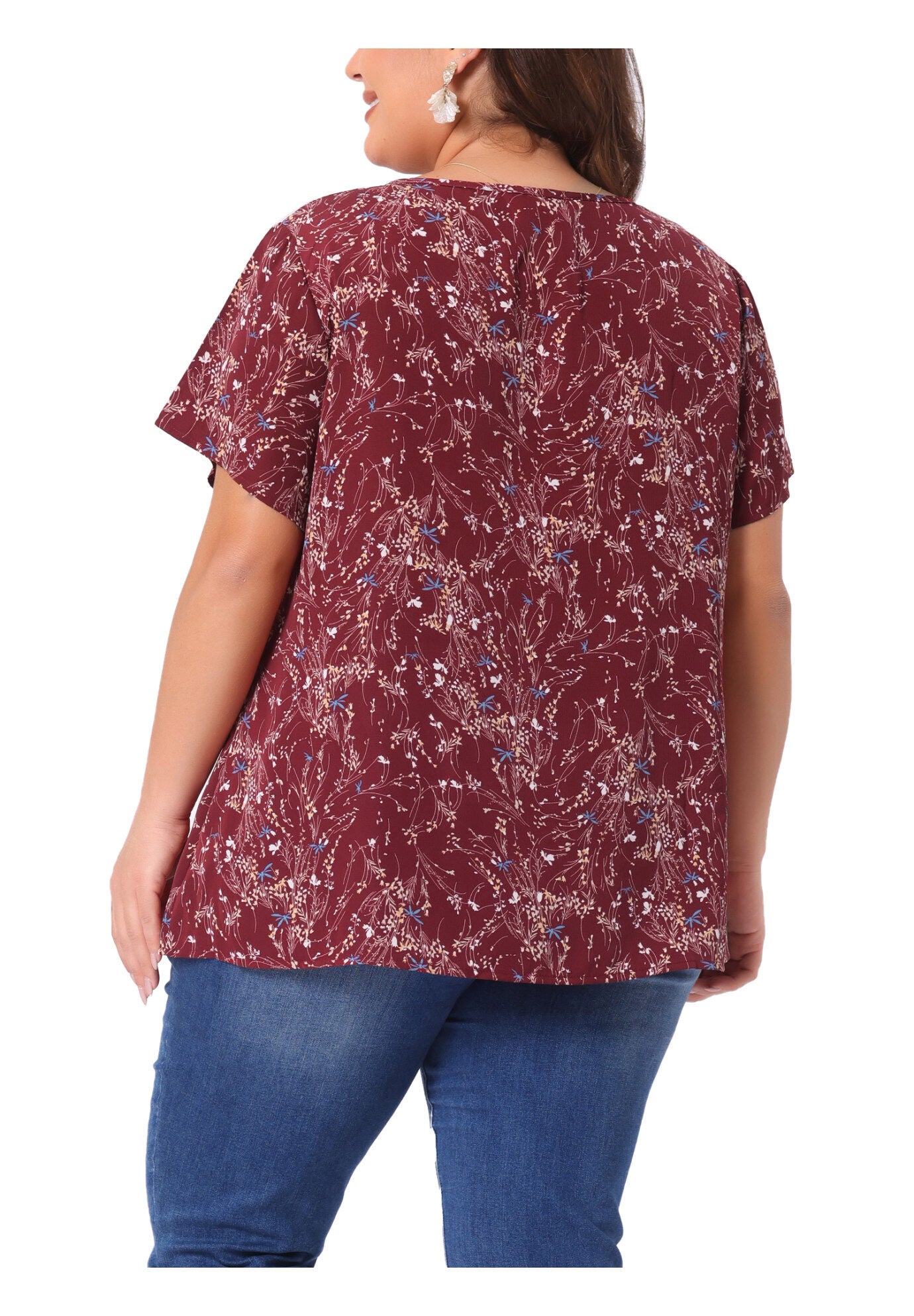 Summer Top Floral Half Placket Short Sleeve Casual Blouse, Burgundy / Burgundy, alternate image number 3