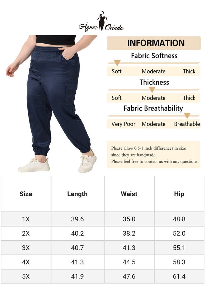 SATIN JOGGERS ELASTIC WAIST ATHLEISURE ANKLE LENGTH CARGO PANTS, Royal Blue / Royal Blue, alternate image number 4