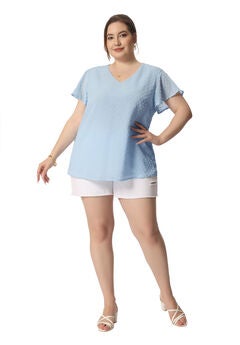 Swiss Dots Blouse V Neck Summer Short Sleeve Casual Top