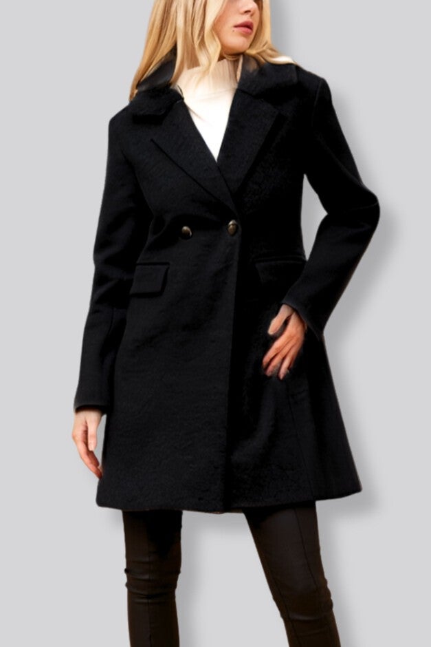 Freja Coat Double Breasted Removable Faux Fur Collar, Black / Black, alternate image number 1