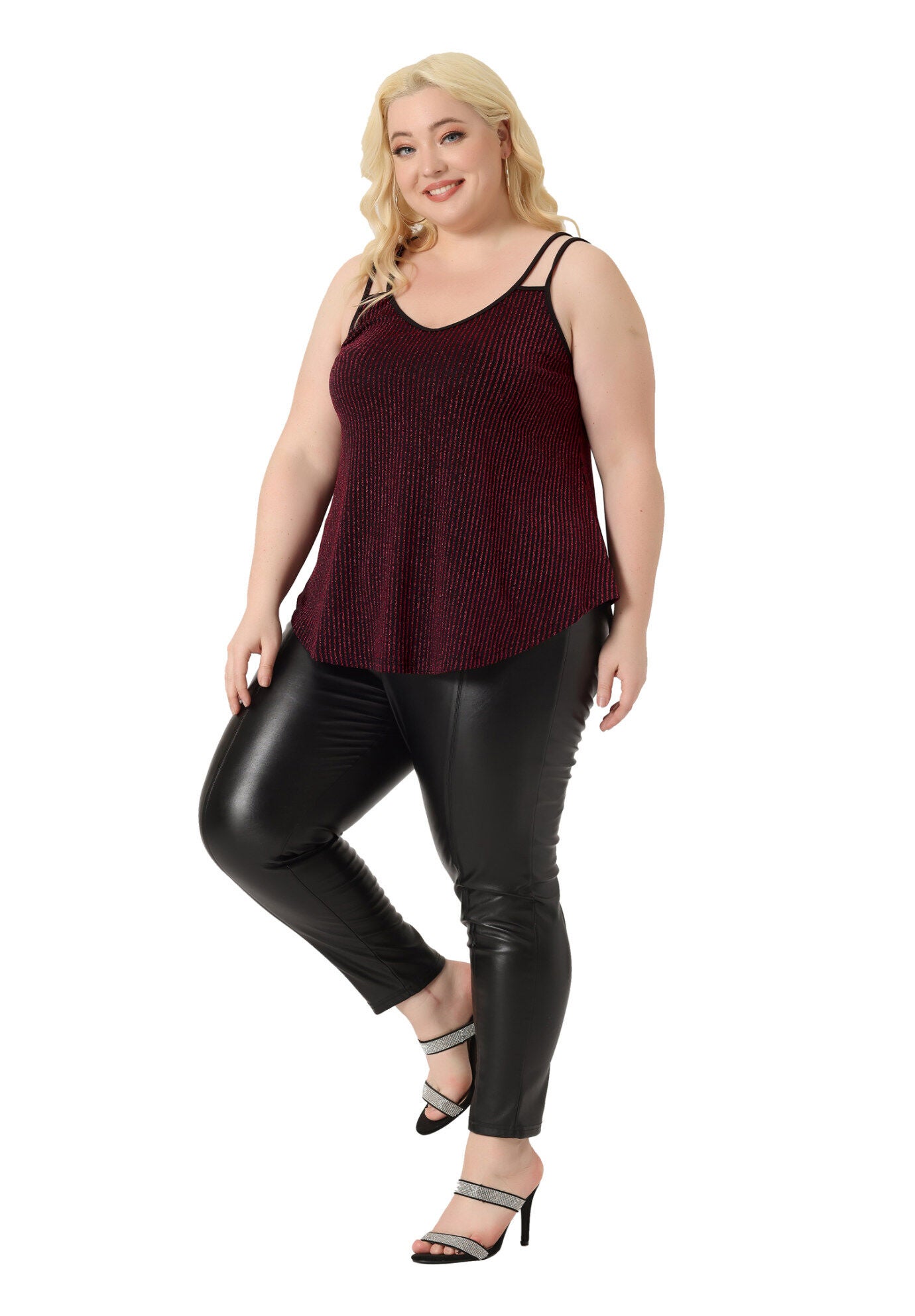 Sleeveless V Neck Tank Cami Party Glitter Sparkle Top, Burgundy / Red, hi-res image number 0