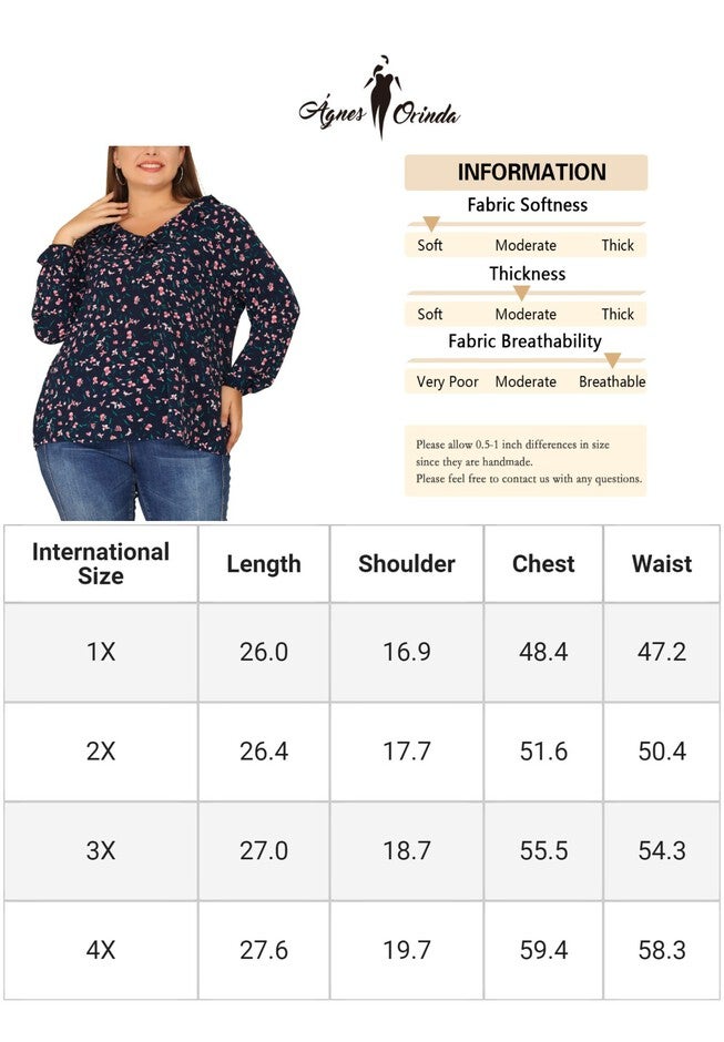 Long Sleeve Floral Top Ruffle V Neck Casual Blouse, Navy Blue / Navy, alternate image number 4