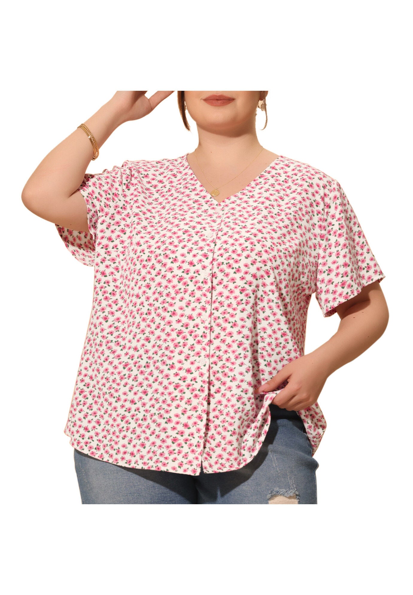 V Neck Button Short Sleeve Floral Blouse, Pink / Pink, alternate image number 2