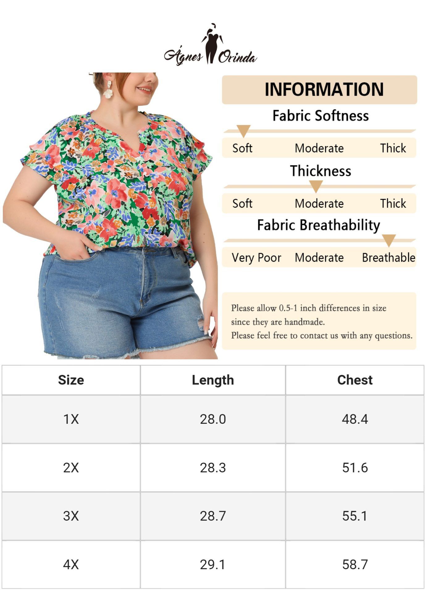 Floral Ruffle Trim V Neck Layered Sleeve Blouse, Green / Light Green, alternate image number 3