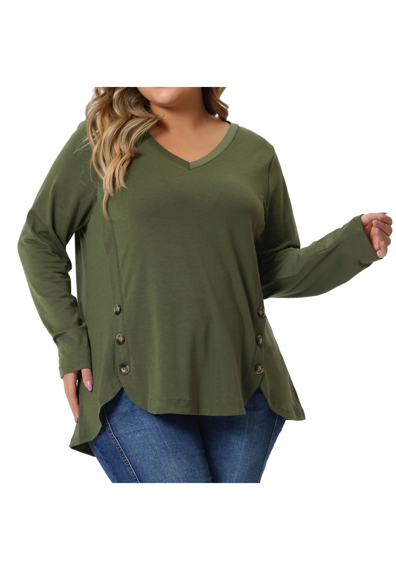 LONG SLEEVE TUNIC TOP V NECK LOOSE T SHIRT, ArmyGreen / Olive Green, alternate image number 2