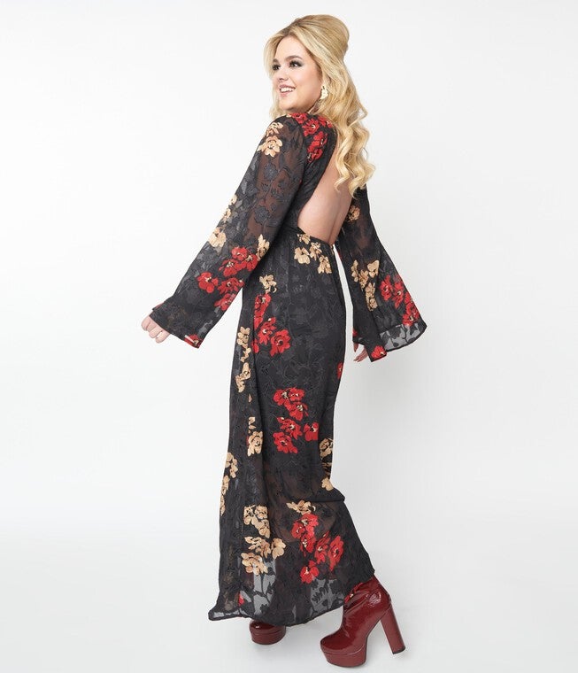 Unique Vintage Black Red & Gold Floral Bell Sleeve Maxi Dress, BlackFloral / Black, alternate image number 3