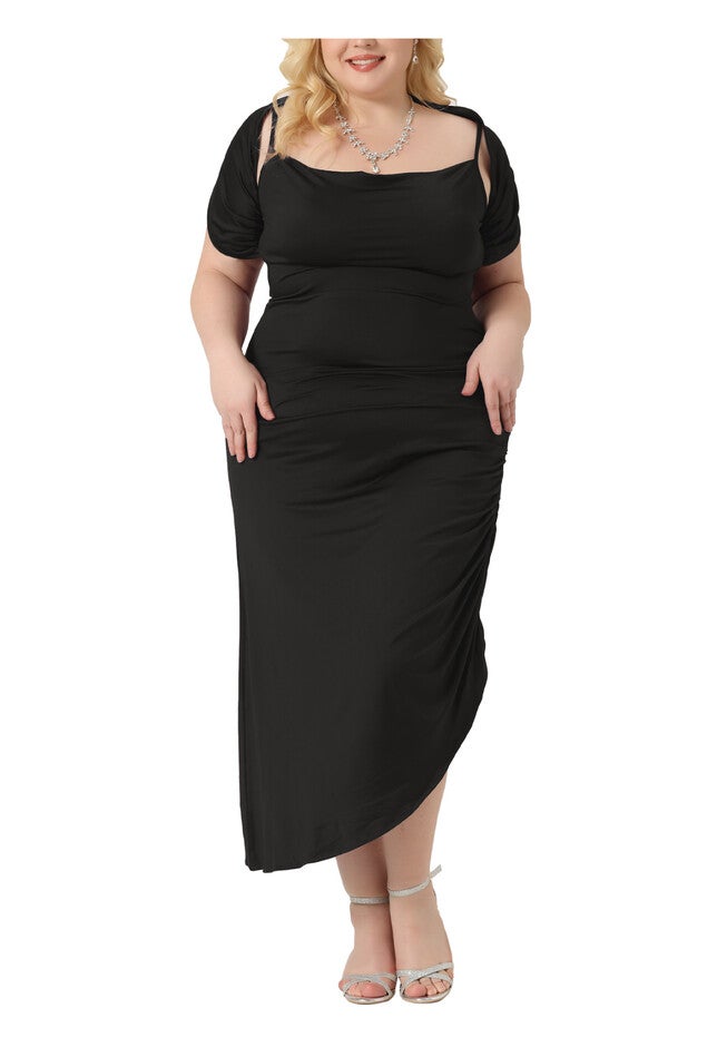 Spaghetti Strap Cowl Neck Ruched Cami Bodycon Dress with Shawl, Black / Black, alternate image number null