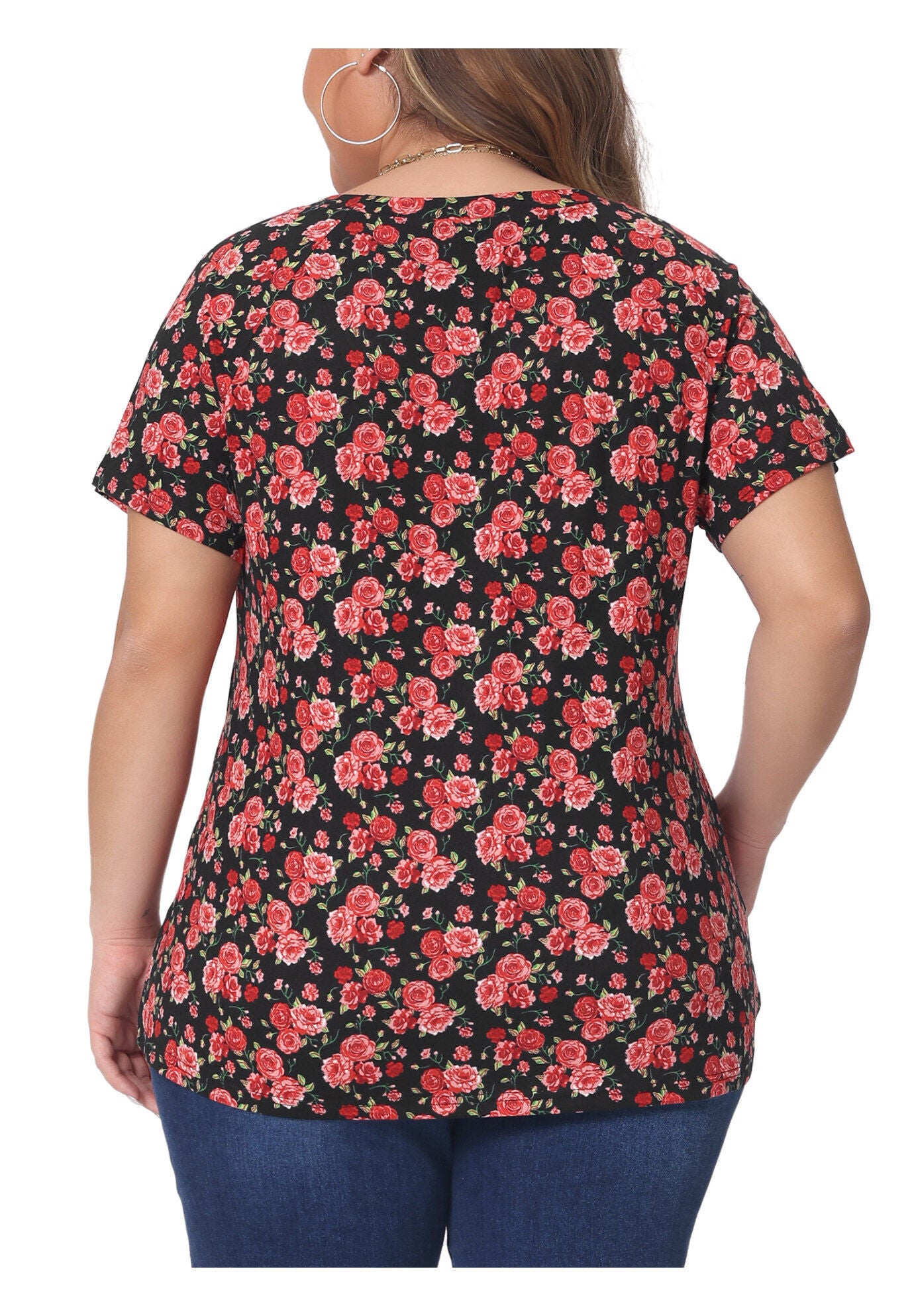 Floral Blouse Short Sleeves Loose Top, Red / Red, alternate image number 3