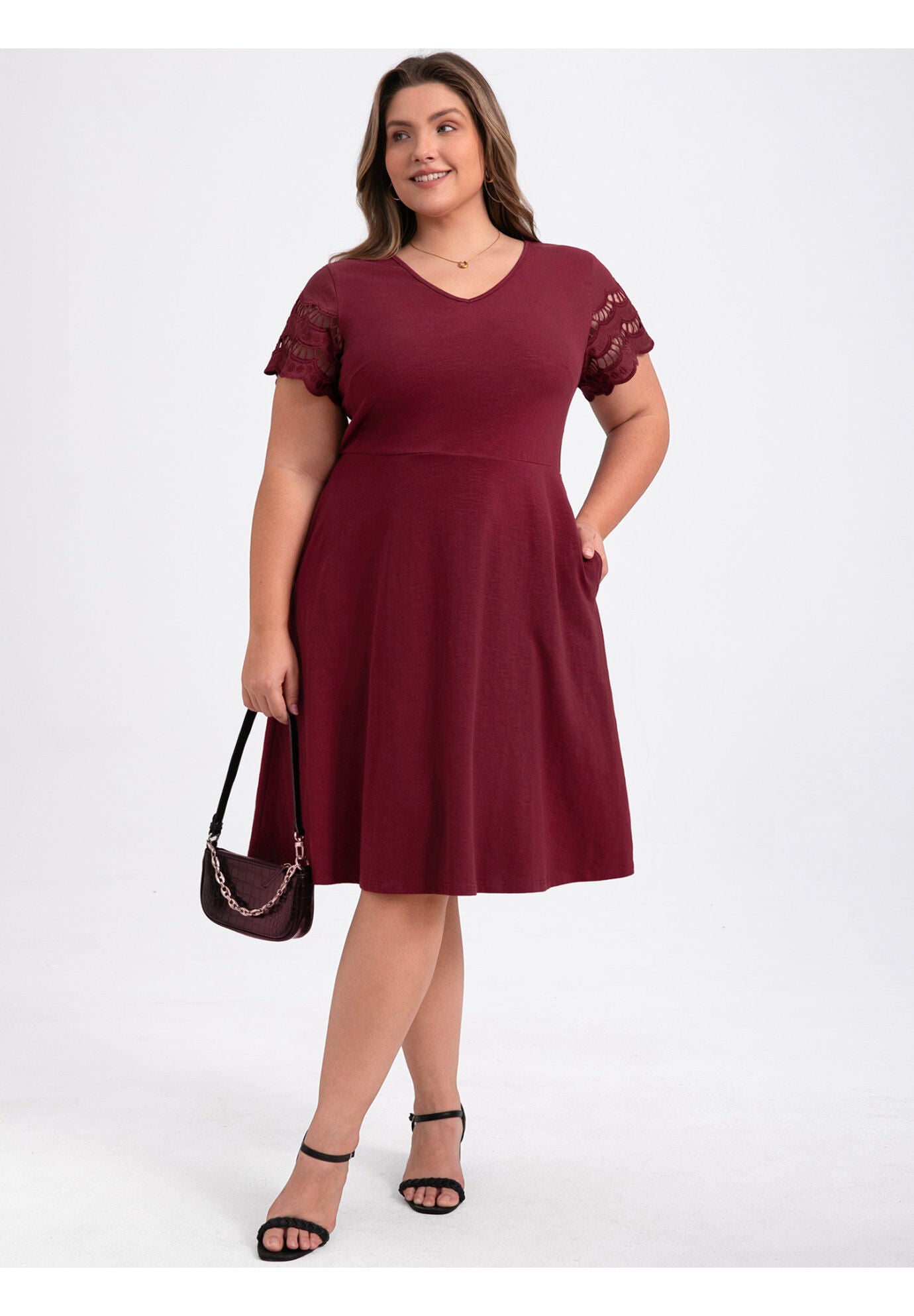 V Neck Embroidered Hollow Eyelet Short Sleeve Midi Casual Dress with Pockets, Burgundy / Burgundy, alternate image number 1
