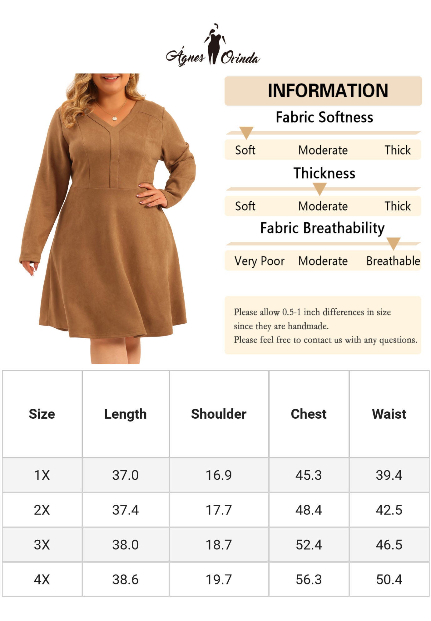 Faux Suede V Neck Long Sleeve A-Line Elegant Midi Dress, Brown / Brown, alternate image number 4