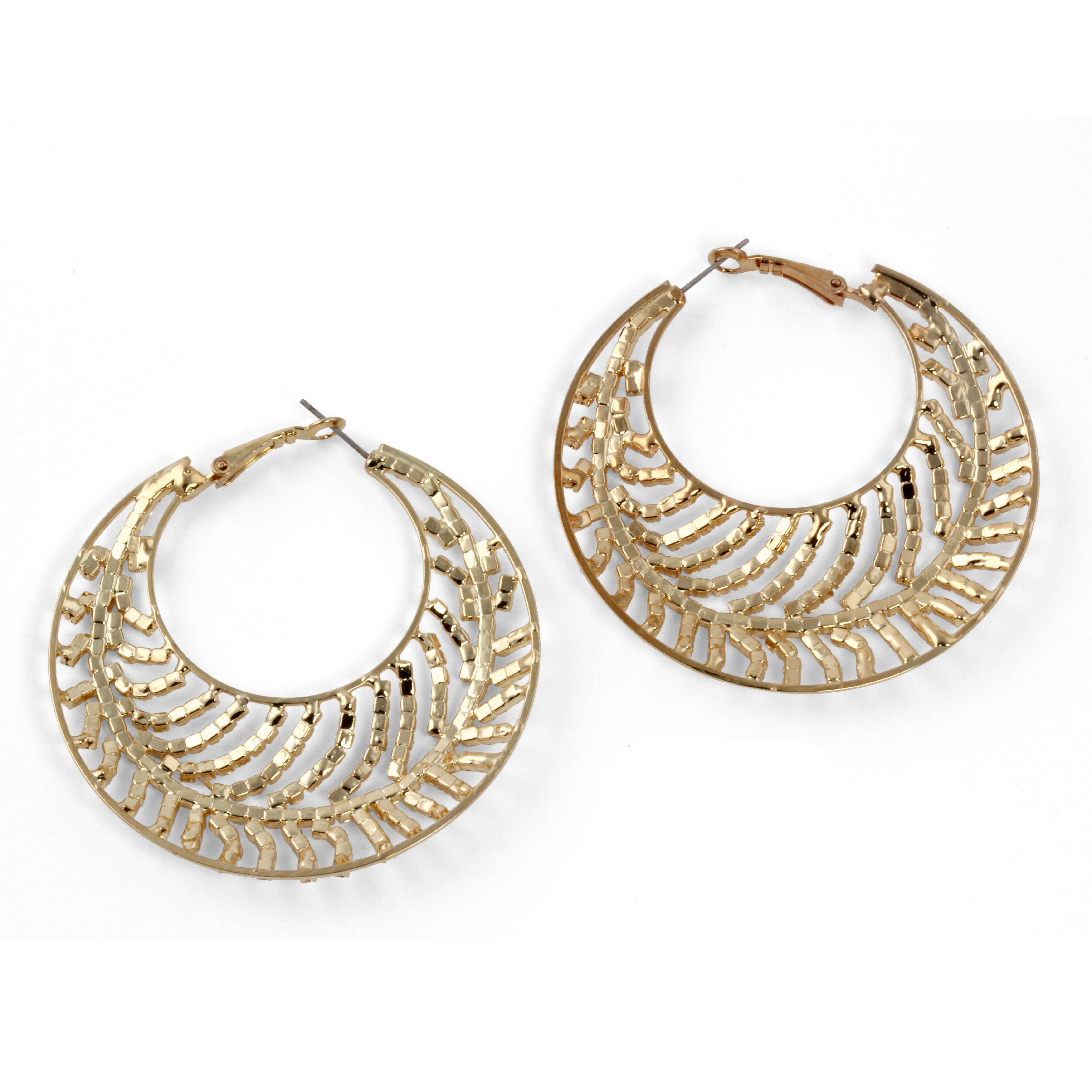 Round Crystal Goldtone Leaf Hoop Earrings 2 1/3 inches, White / White, alternate image number 1