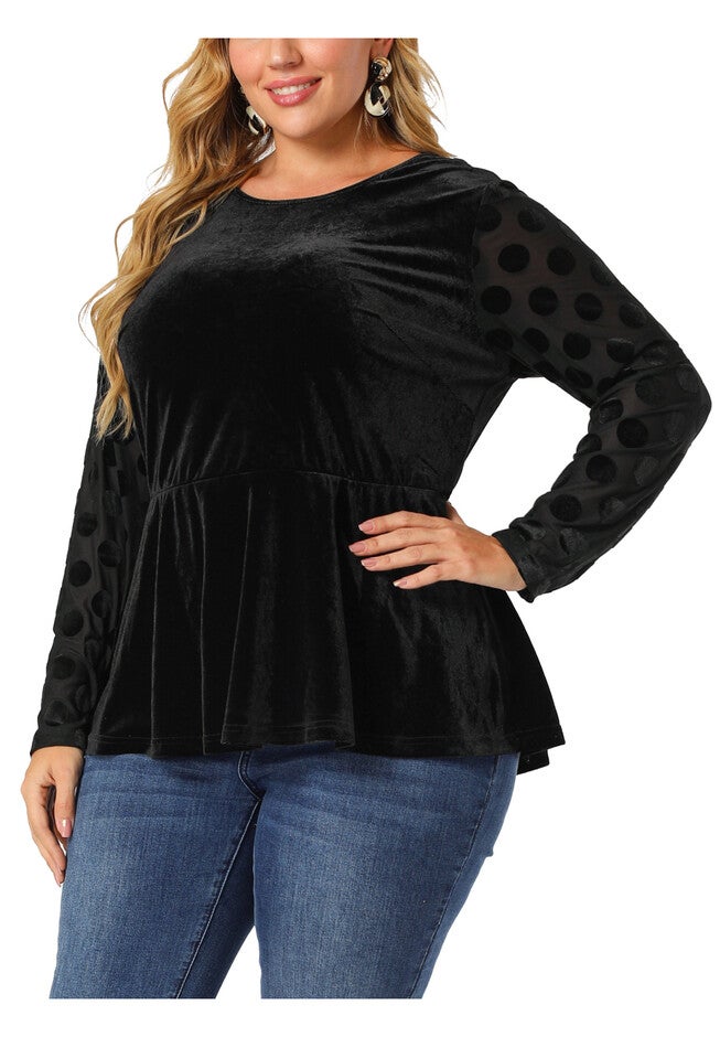 POLKA DOTS SHEER SLEEVE VELVET PEPLUM TOP, Black / Black, alternate image number null