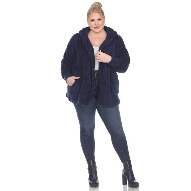 Plush Hooded Cardigan with Pockets, Navy / Navy, alternate image number null