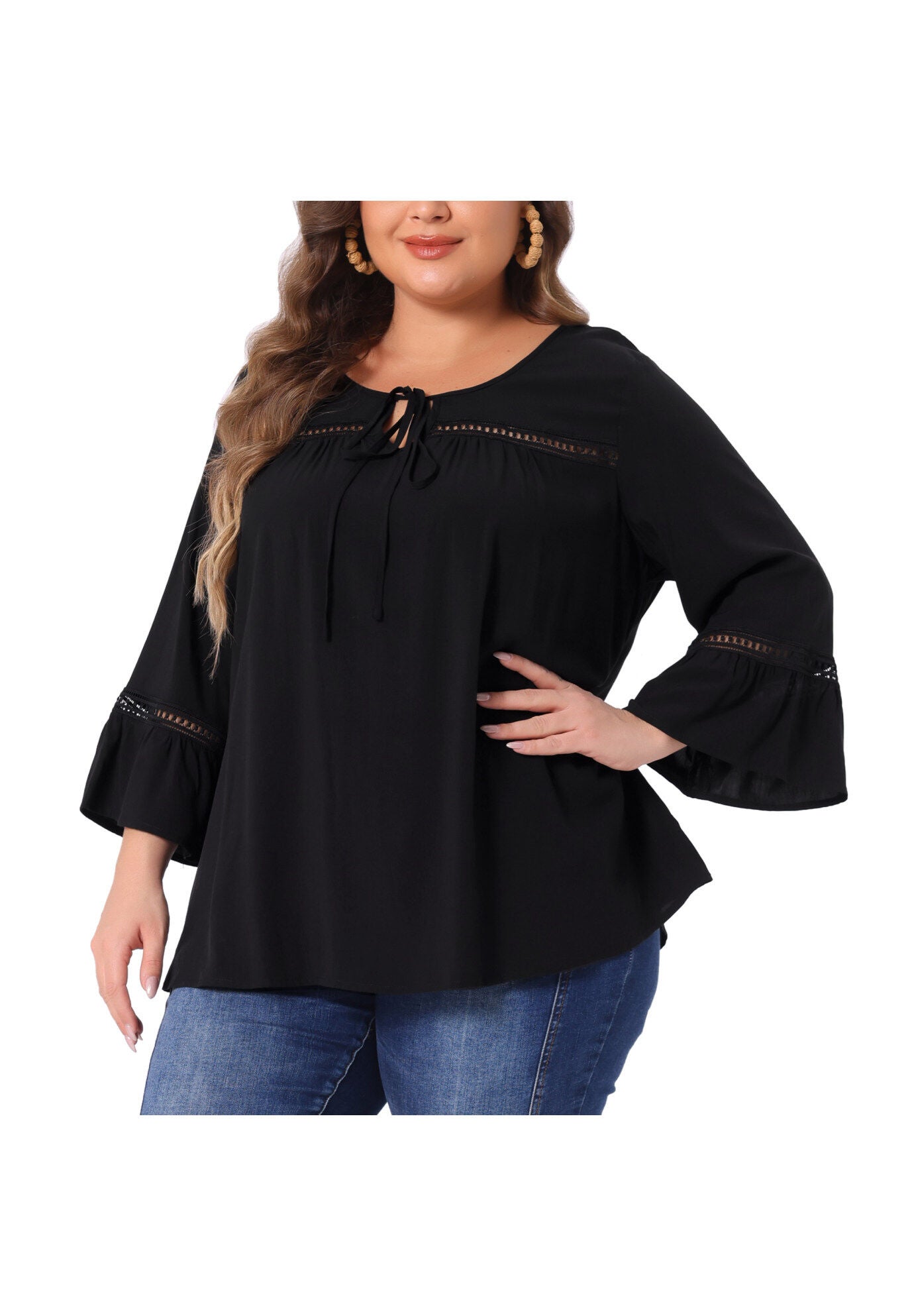 3/4 FLARE SLEEVE PEASANT KEYHOLE TIE BLOUSE TOP, Black / Black, alternate image number 2