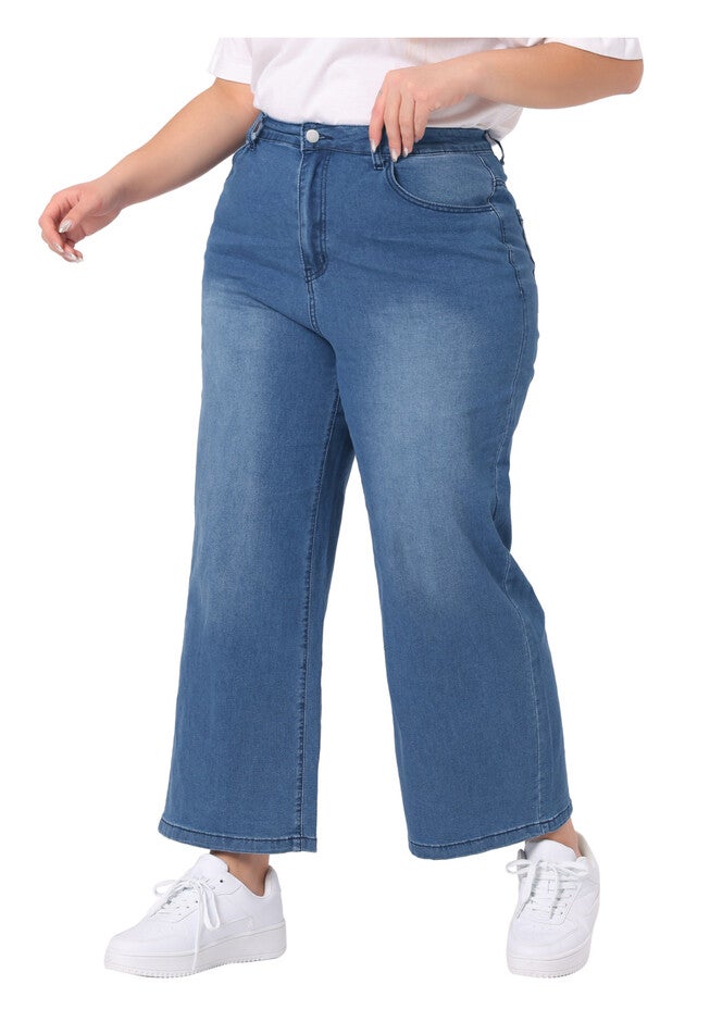 Button Stretchy Washed Wide Leg Jeans Palazzo Pants, Blue / Dusty Blue, alternate image number 4