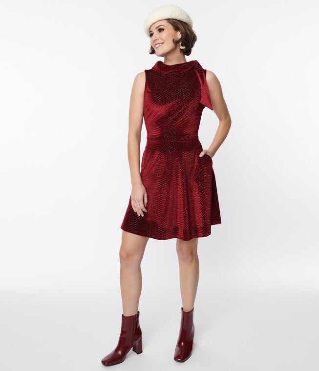 Smak Parlour Ruby Red Mock Neck Fit & Flare Dress, Red / Red, alternate image number 4
