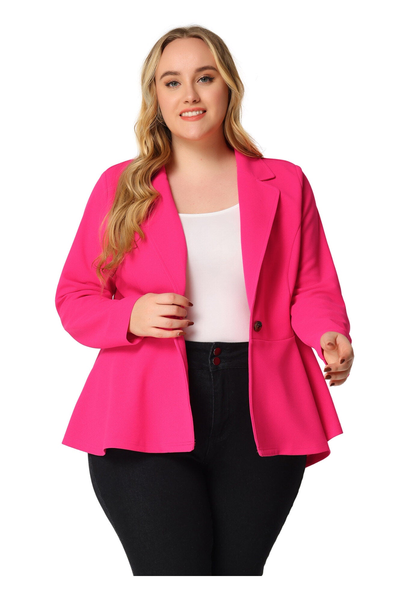 RUFFLE V NECK BUTTON NOTCH PANEL PEPLUM BLAZER, Hot Pink / Deep Fuchsia, alternate image number 2