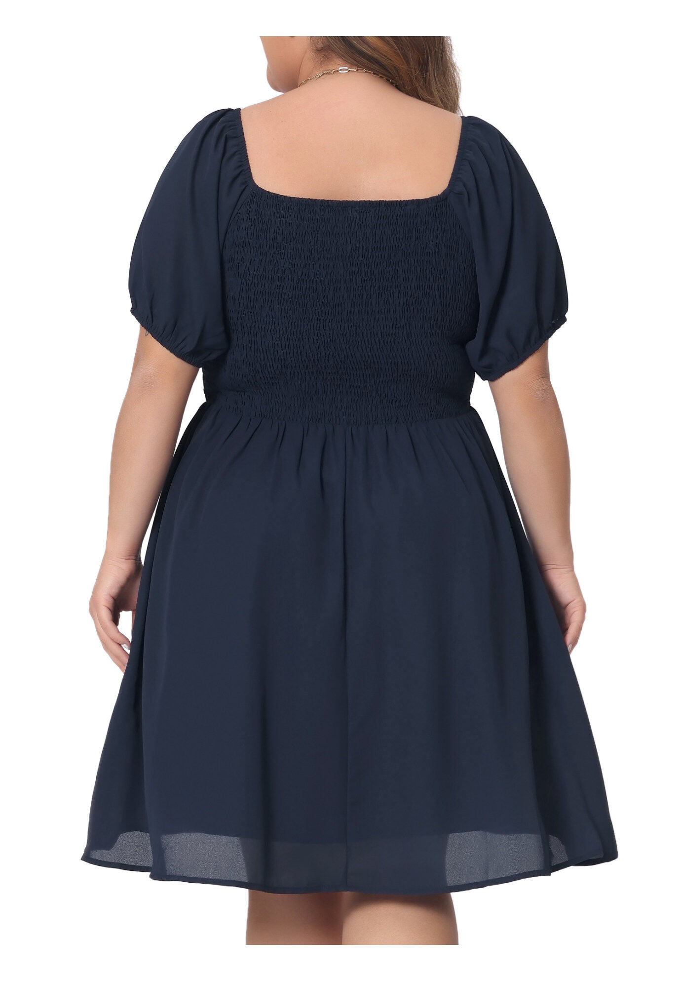 Smocked Square Neck Short Sleeve Stretchy Midi Dress, Navy Blue / Navy, alternate image number 3