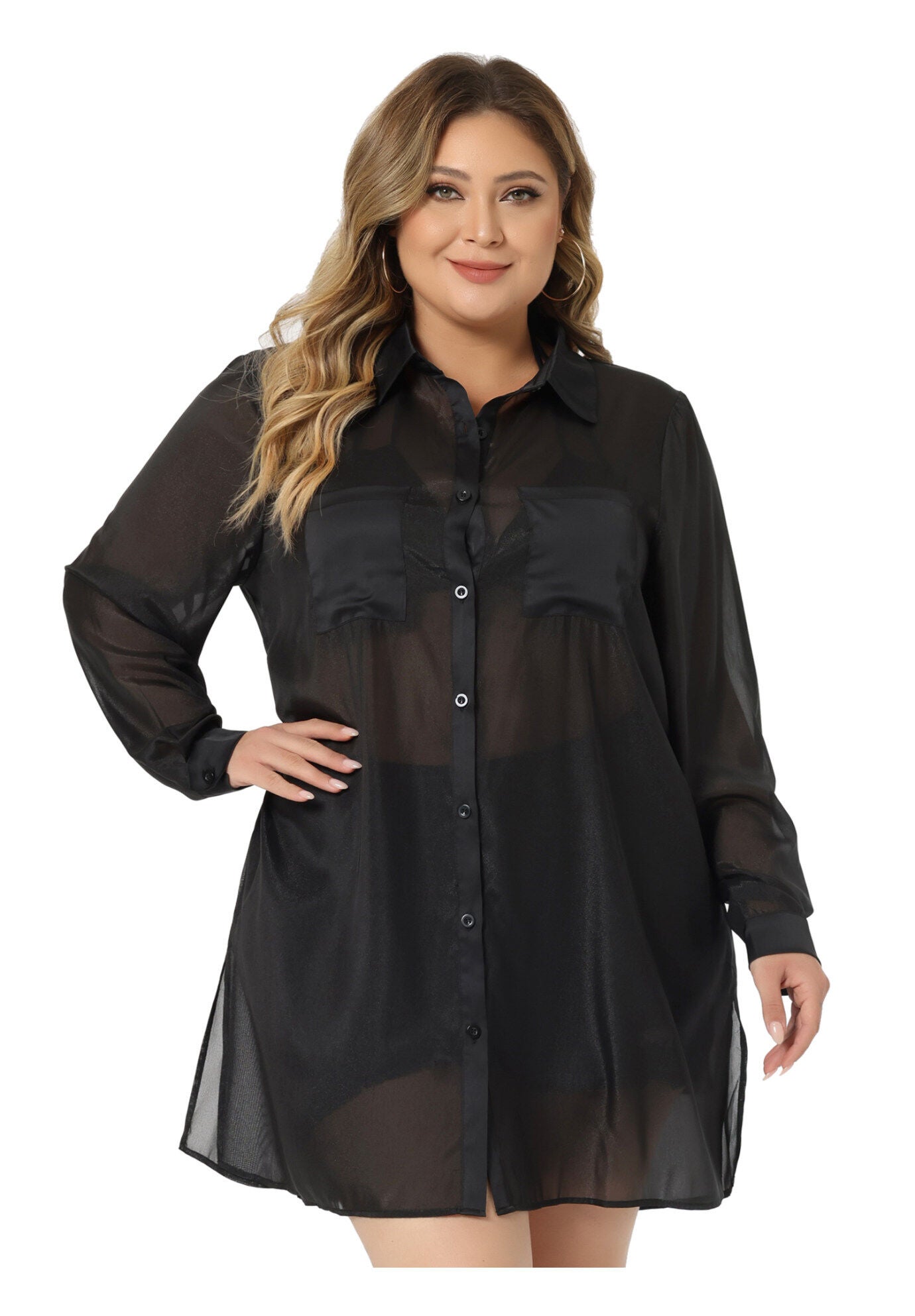 LONG SLEEVE BUTTON DOWN SOLID SHEER SHIRT TOP, Black / Black, alternate image number 3