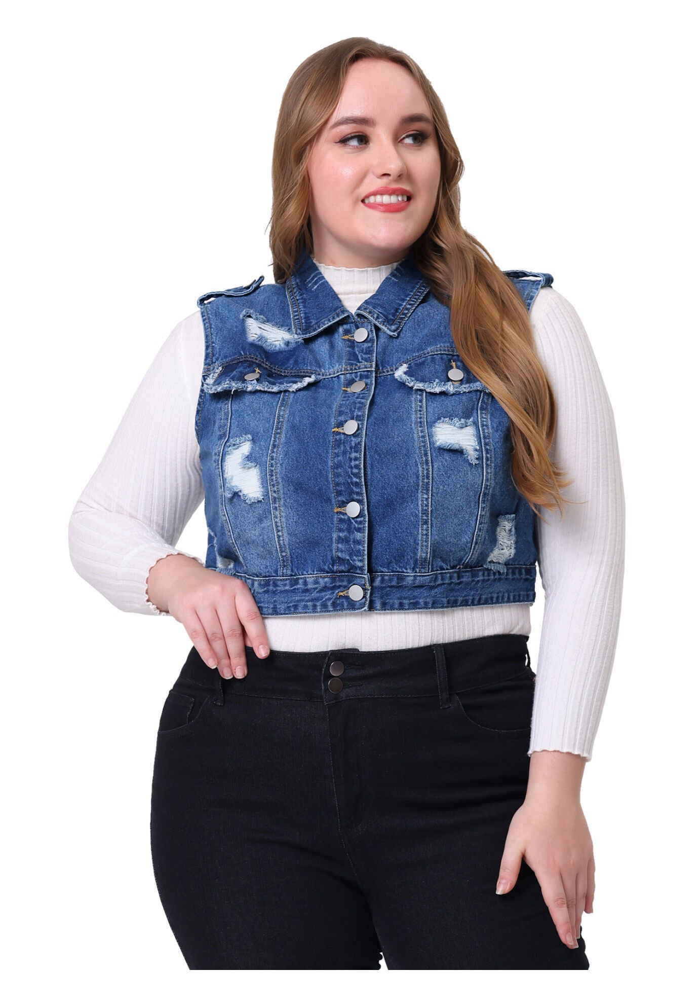 SLEEVELESS BUTTON JEAN CROP DENIM VEST, Blue / Chambray Denim Medium, hi-res image number 0