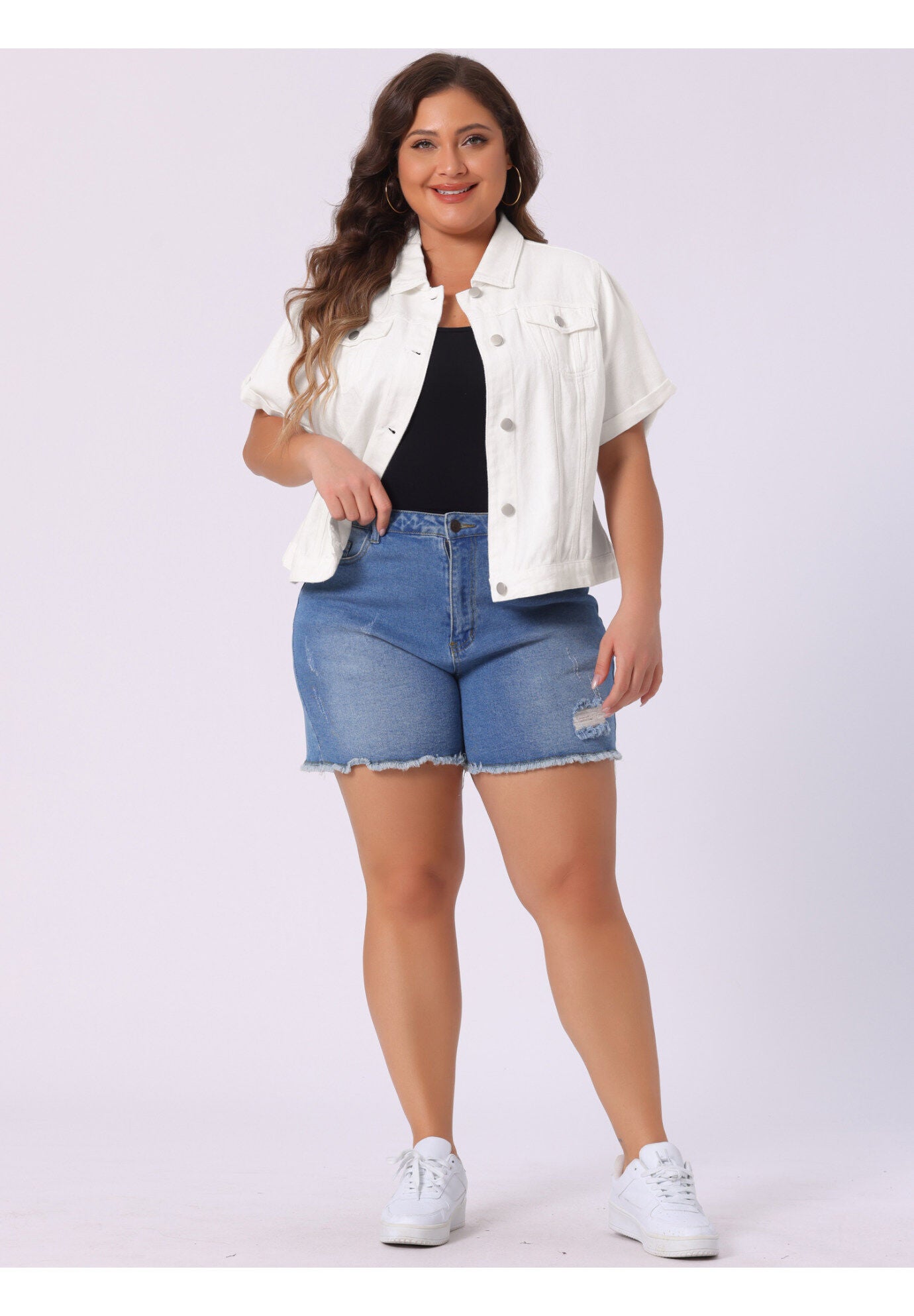 BUTTON FRONT CROP JEAN SHORT SLEEVE DENIM JACKET, White / White, hi-res image number 0