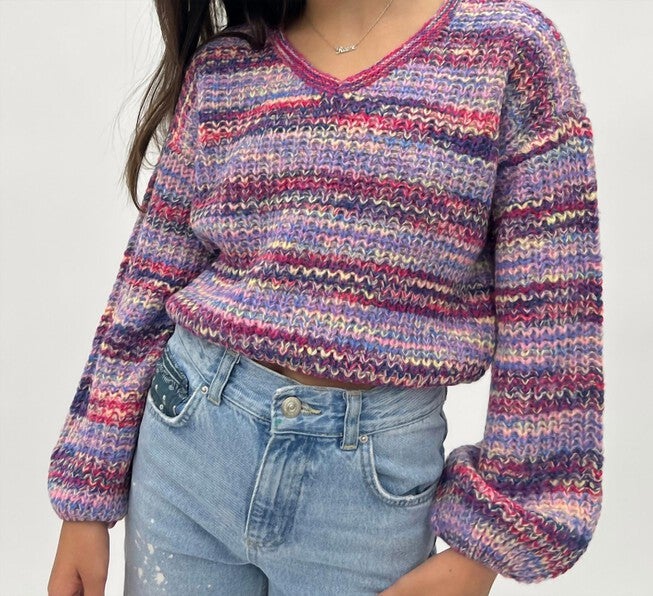 GIRLS SPACE DYE STRIPE SWEATER IN LUCKY LAVENDER COMBO, Lucky Lavender Combo / Purple, hi-res image number null