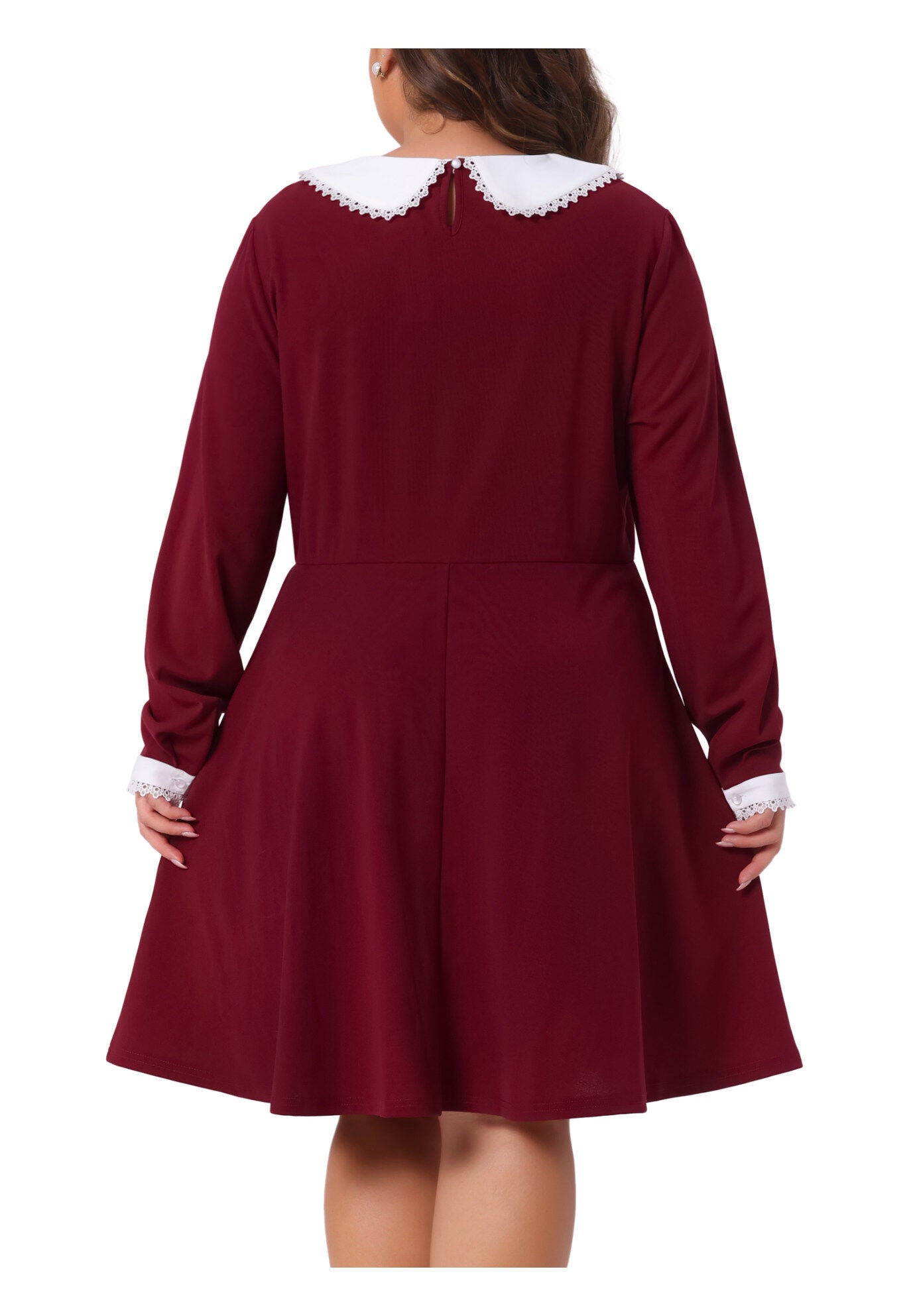 LONG SLEEVE DOLL PETER PAN COLLAR FLARE MIDI DRESS, Burgundy / Red, alternate image number 3