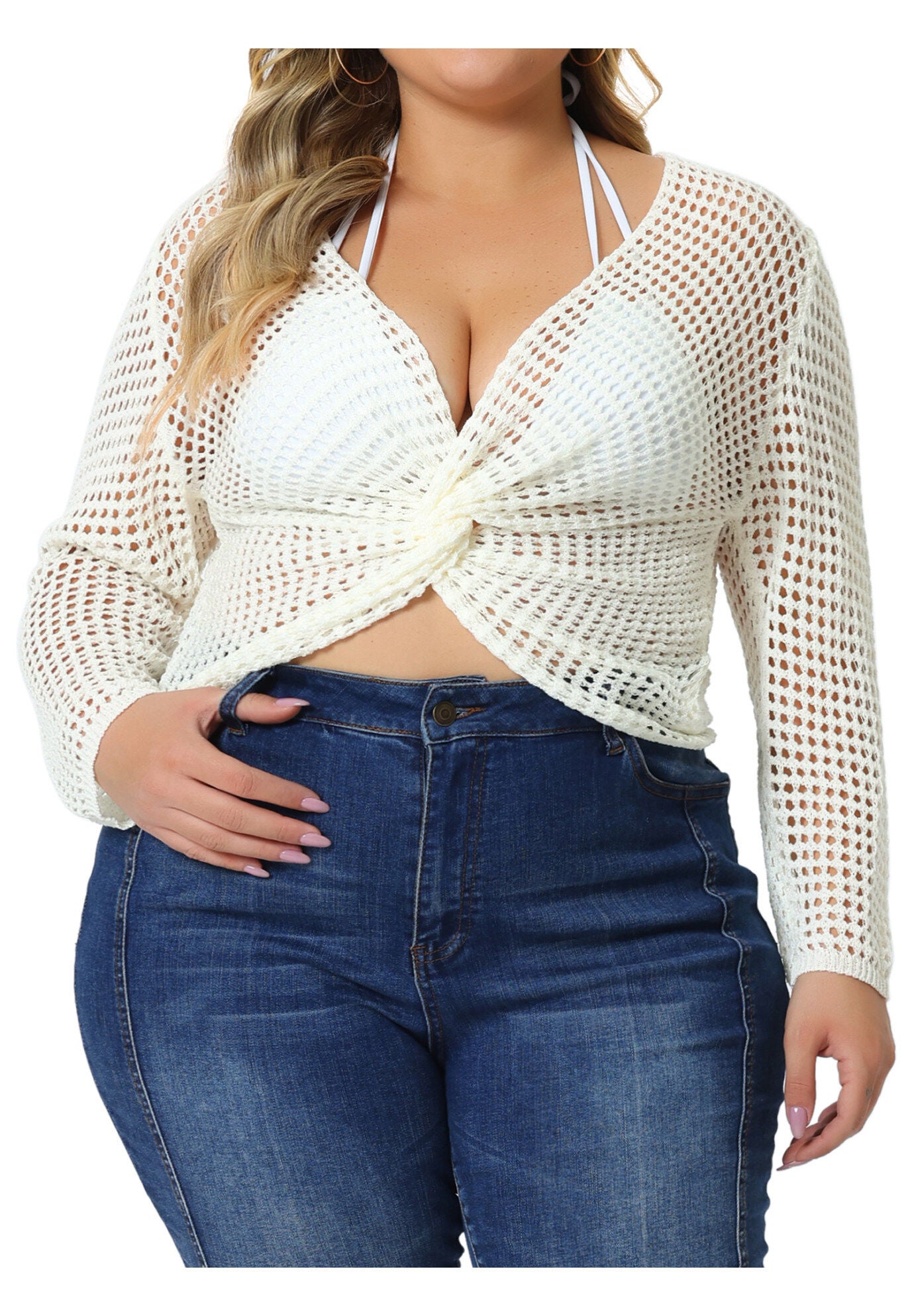 Mesh Crochet Crop Top Hollow Out Knit See Through Cover Up, Cream White / Cream, alternate image number 2