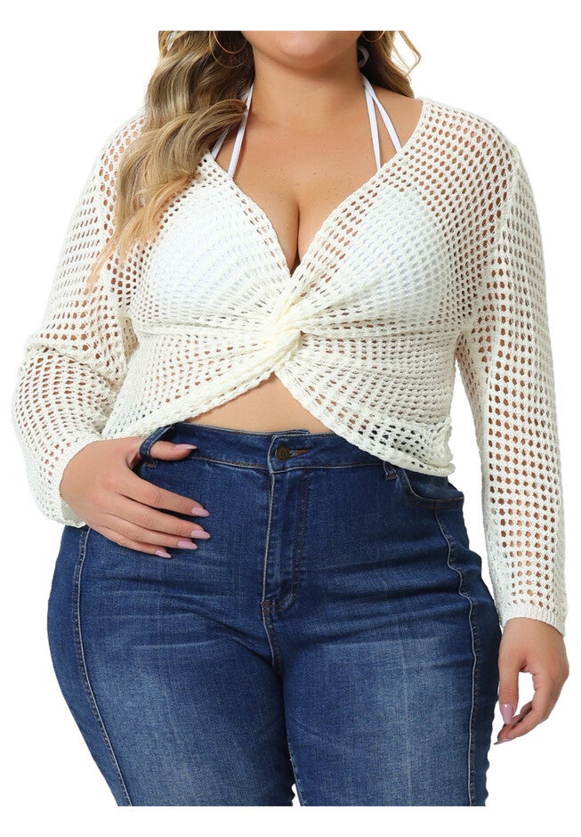 Mesh Crochet Crop Top Hollow Out Knit See Through Cover Up, Cream White / Cream, alternate image number 2