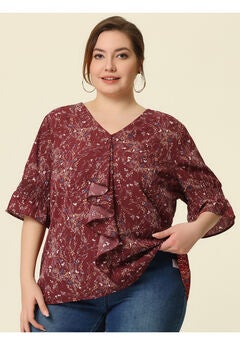 Ruffle Blouse V Neck Smocked Sleeves Top
