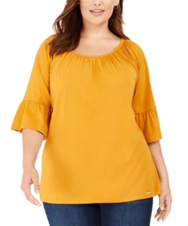 Michael Kors Women's Plus Gathered Sleeve Peasant Top Yellow Size 0X, Yellow / Yellow, hi-res image number null